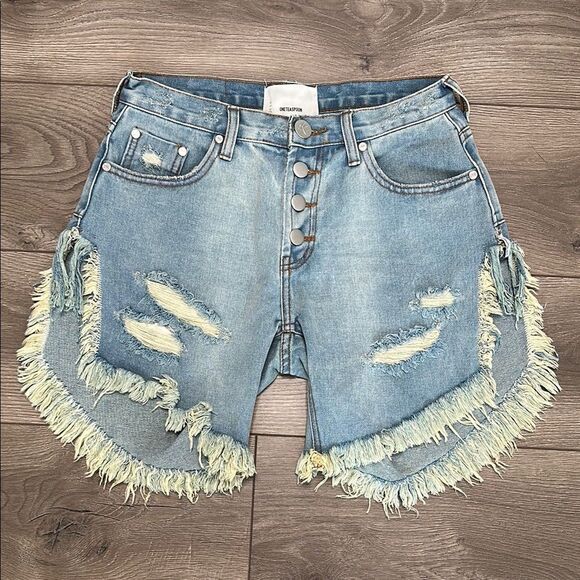 One‎ Teaspoon Frankies Long Length Button Fly Fringe Blue Jean Shorts Size 25 - Picture 1 of 13